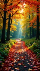 Obraz premium Colorful autumn leaves cascade down a winding forest path, leafy greens, winding paths, tree foliage