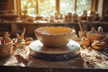 Rustic kitchen table with soup and bread in cozy warm interior