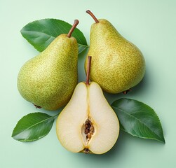 Modern Minimalist Digital Artwork of Pears Whole and Sliced Green and Yellow Pear with Leaf on White Background