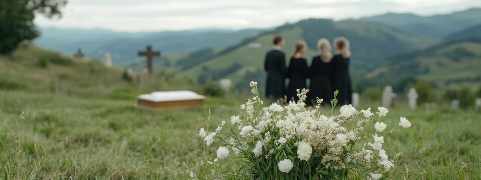A group of mourners dressed in black stands solemnly near a gravesite in a tranquil cemetery. A bouquet of flowers rests in the foreground while green hills stretch out in the background