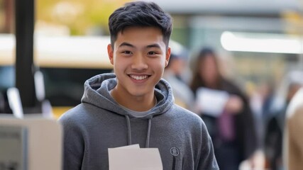 A young Asian man wearing a casual hoodie smiles as he shows his completed ballot to a poll worker. Around him a diverse group of voters chat excitedly the atmosphere charged with energy
