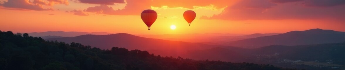 Fototapeta premium Evening hot air balloon ride over rolling hills, sunset, trees, nature