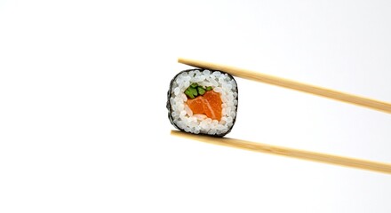 A single sushi roll held by two wooden chopsticks, arranged in a minimalist and artistic composition on a pure white background