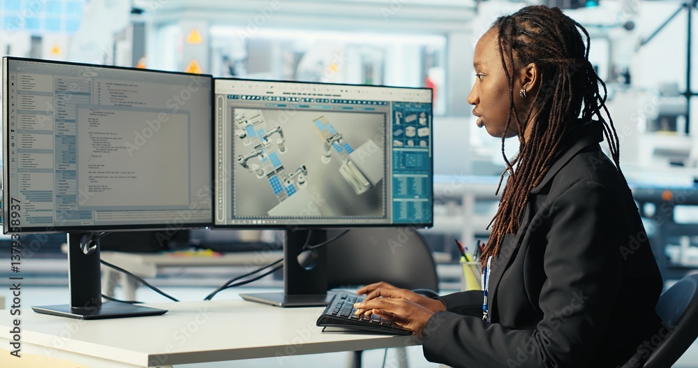 Poster programmer in photovoltaics factory using pc program to diagnose malfunctioning systems. woman codin