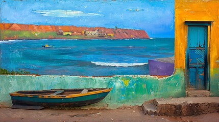 A coastal mural showing a sea scene and a weathered doorway