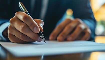 Businessman Signing Contract In Close-Up: Completing Corporate Deals With Professional Document Signing In Office Setting. Formal Agreement And Signature.
