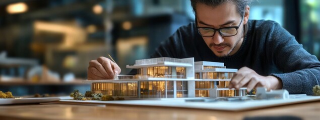 Architect students crafting detailed house model samples with paper and tools in a modern workspace at night