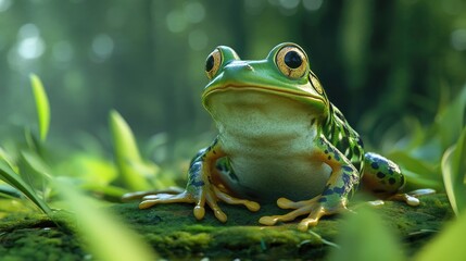 Obraz premium Green Frog Sitting on Moss in Lush Forest Environment Close Up
