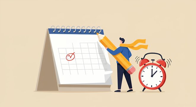 Man marks calendar with pencil near alarm clock scheduling important date