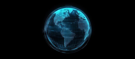 Glowing digital Earth, continents outlined in cyan light against a black background
