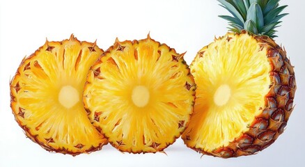 Sliced Pineapple Pieces Isolated on White Background with Round Slice Triangle Piece and Half Circle Top View