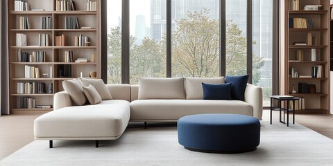 A modern living room with a large corner sofa and books