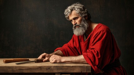 Saint joseph crafting with tools artisan workshop artwork creative chaos intimate perspective traditional craftsmanship