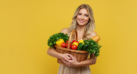 A radiant young woman proudly displays a basket brimming with fresh, vibrant produce, a symbol of healthy living and summer's bounty against a sunny yellow backdrop.