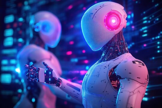 Futuristic Robots and Cyberpunk Environment in Digital Marketing and Analytics for Finance and Investment