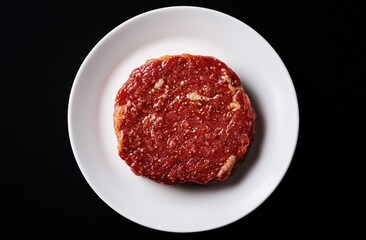 Raw beef patty on a white plate against a black background, showcasing fresh meat preparation