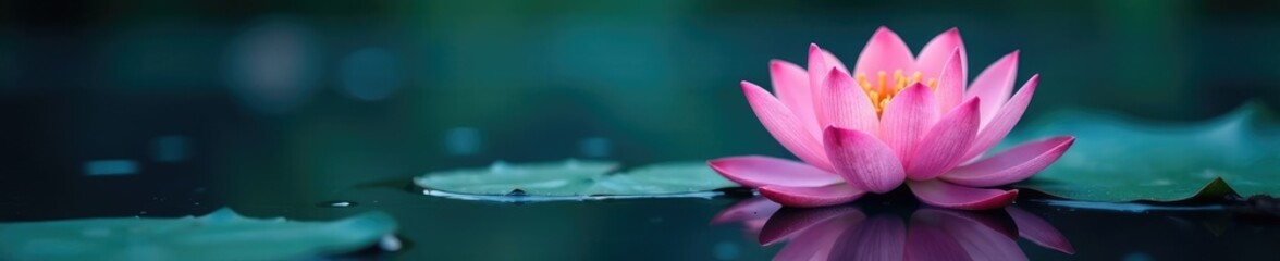 Fototapeta premium Pink lotus flower blooming in a dark blue pool of water with aquatic plants, lotus flower, dark blue pool, nature