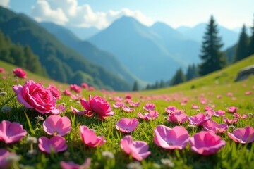 Fototapeta premium Pink rose petals scattered on a serene mountain meadow, pink roses meadow, blooms