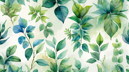 Fototapeta premium Green Leaves Watercolor Pattern