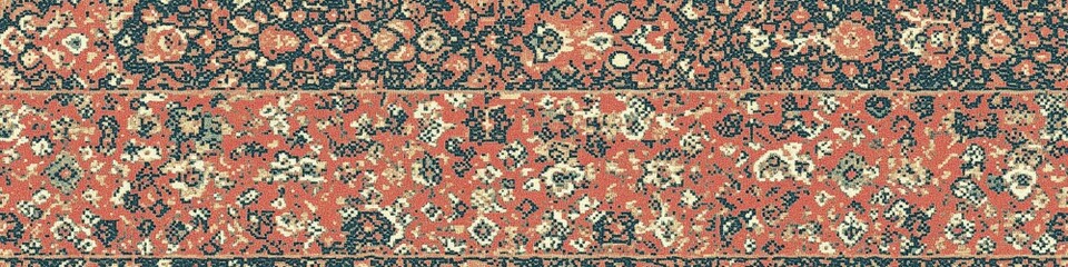 Detail of woven rug shows floral pattern. Rich colors give it vintage vibe. Neutral background tile pattern
