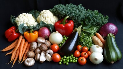 A fresh and healthy array of 50 vegetables, including mushrooms, onions, zucchini, bell peppers, carrots, tomatoes, peas, cauliflower, sweet potatoes, spinach, kale, eggplants, and leeks,