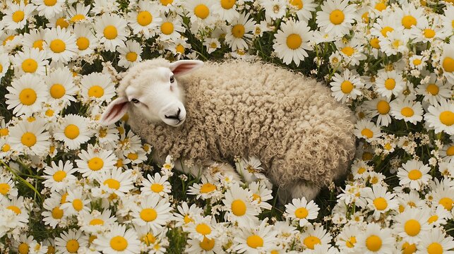A serene scene featuring a fluffy sheep resting among vibrant yellow daisies, creating a tranquil atmosphere in a natural floral setting