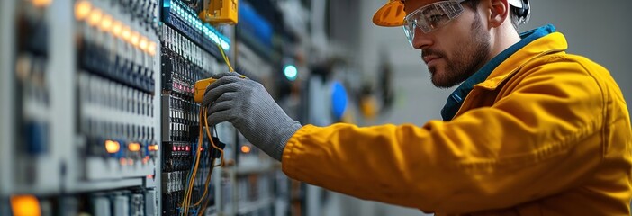 Electrician testing electrical installations in control panel using multimeter for energy management in industrial power control room