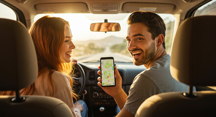 A happy couple on a sunny road trip, navigating their adventure with a shared map on a smartphone inside their car bathed in warm, golden light.