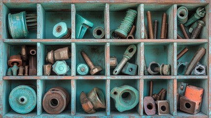 Fototapeta premium An array of construction fasteners, including screws, nails, and bolts, stored in a divided case.