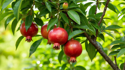 Pomegranate Fruits Hanging on Branch Surrounded by Green Leaves in a Lush Garden Setting with Soft Focus Background