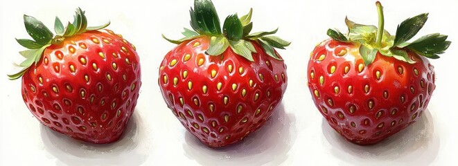 Vibrant Fresh Strawberries Isolated on White Background with Leaf Detailed Closeup