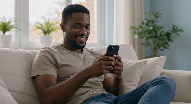 A smiling man comfortably nestled on a couch, deeply engrossed in his phone, enjoying a moment of peaceful connection and digital engagement in a softly lit home.
