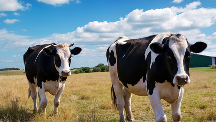 Two Black and White Holstein Cows Grazing in a Green Pasture Under a Blue Sky with White Clouds