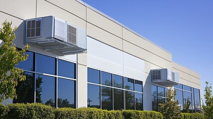 Fototapeta premium An exterior view of an office building with rooftop HVAC air conditioning units installed.