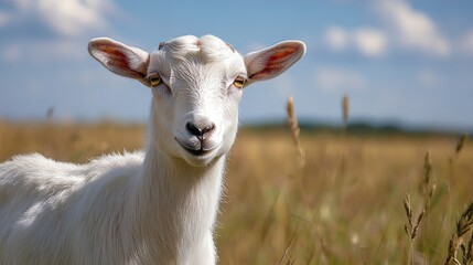 Fototapeta premium White Goat Standing in a Summer Field with Clear Blue Sky