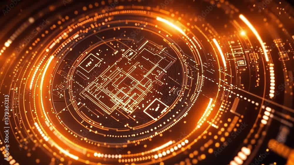 Poster futuristic head up display interface featuring rotating concentric circles with glowing orange light