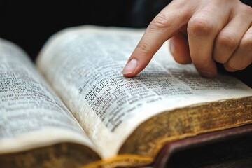 Naklejka premium Close-up of hands pointing at Bible text during study session in church