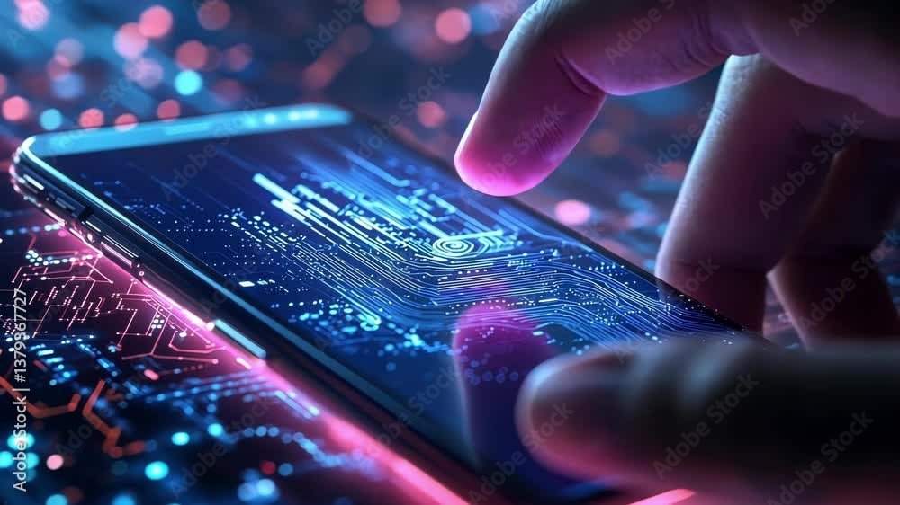 Fototapete person using index finger to touch the screen of a smartphone with a futuristic cyber security inter