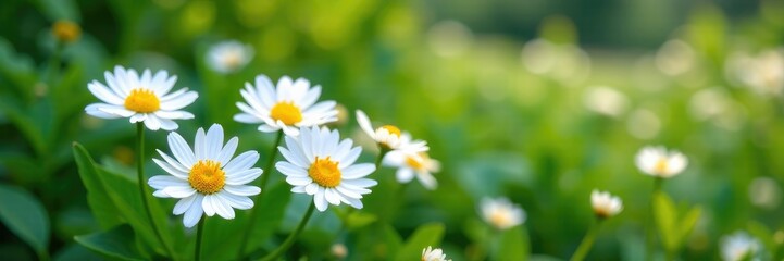 Fototapeta premium White flowers with yellow centers in a garden among greenery, garden, foliage