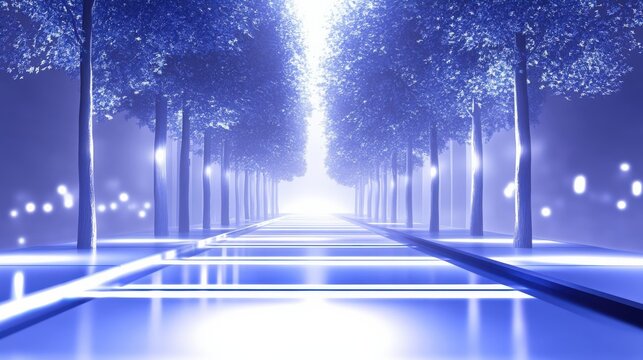 A Futuristic Pathway Through a Blue Forest