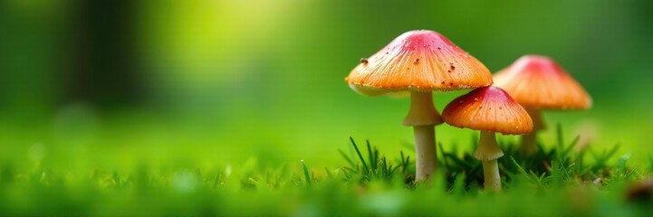 Wild mushroom caps and stems in the spring grass, fungi, green background, mushroom species