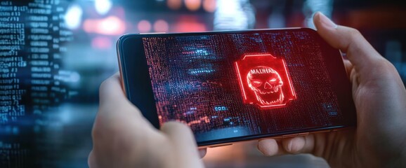 Malware Warning Cyber Crime and Personal Data Protection Act Concept Close Up of Hacker Holding Smartphone with Glowing Skull Icon