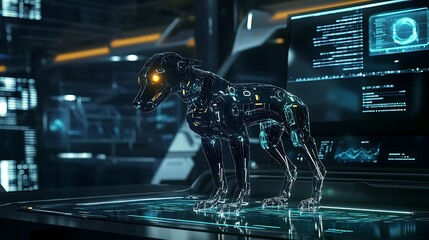 Futuristic robotic dog composed of glowing particles standing on a sleek digital surface with advanced technological interfaces in the background
