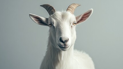 Fototapeta premium Portrait of a White Goat with Horns Against Soft Gray Background