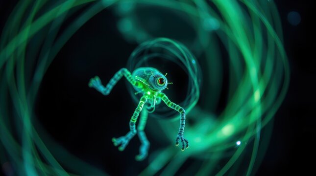 Futuristic Alien Creature with Red Eye in a Green Light Vortex