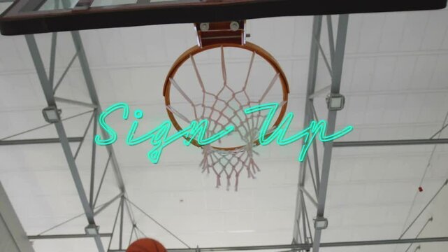 Sign Up text in green script overlaying basketball hoop animation in school gym