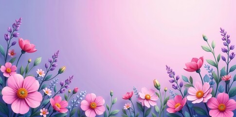 Fototapeta premium A Delicate Arrangement of Pastel Pink and Purple Blossoms on a Soft Gradient Background, Perfect for Springtime Celebrations or Gentle Announcements