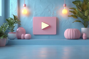 Minimalist 3D Render of Media Player Interface with Play Button and Soft Pastel Colors