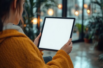 Person Holding Blank Screen Tablet in Cozy Natural Light Setting