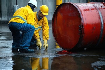 Environmental Engineers Inspecting Chemical Spill at Industrial Site with Red Barrel